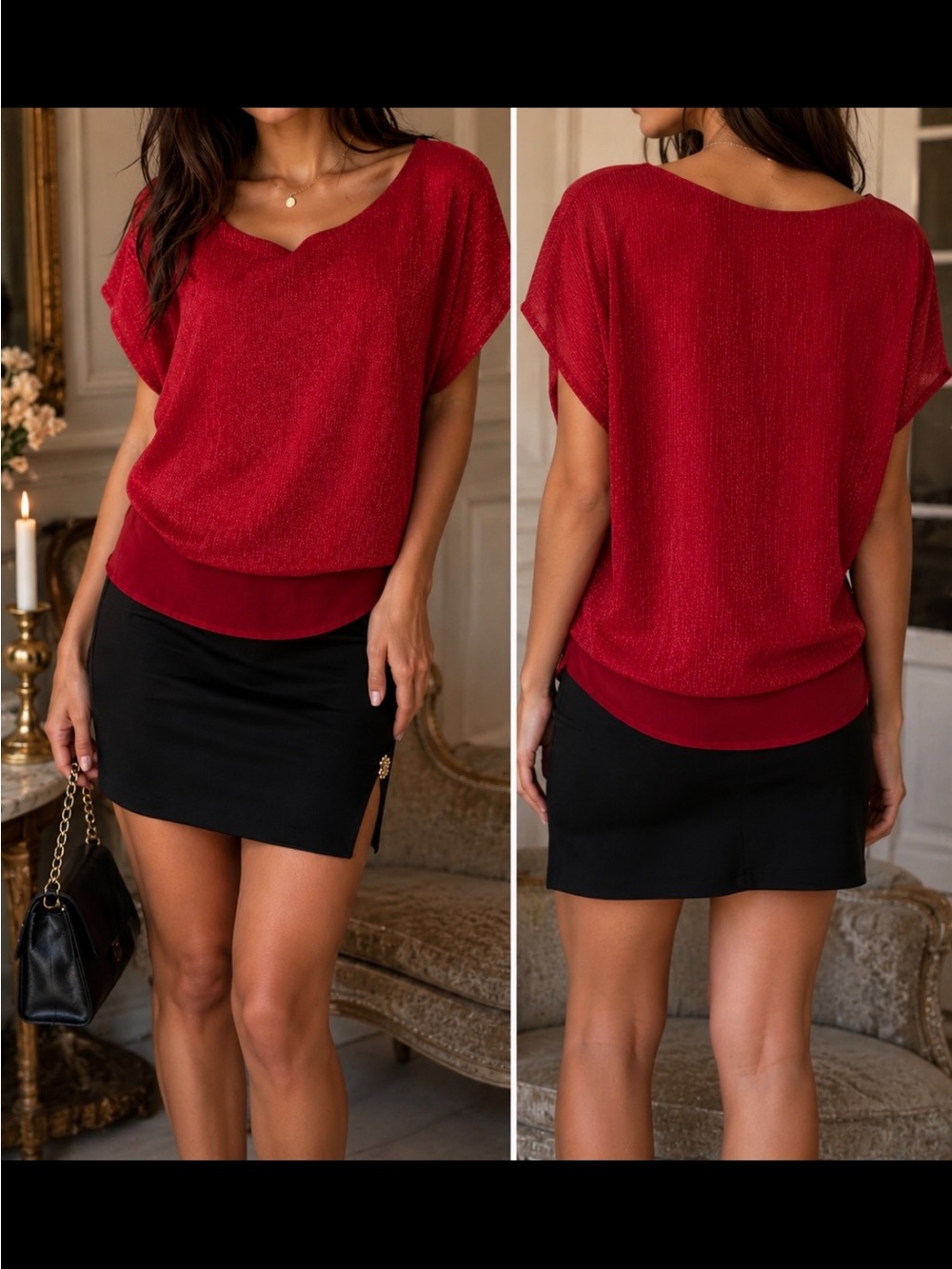 Express Layered Sparkle Blouse Red XS Small Elegant Shimmer Dressy Top